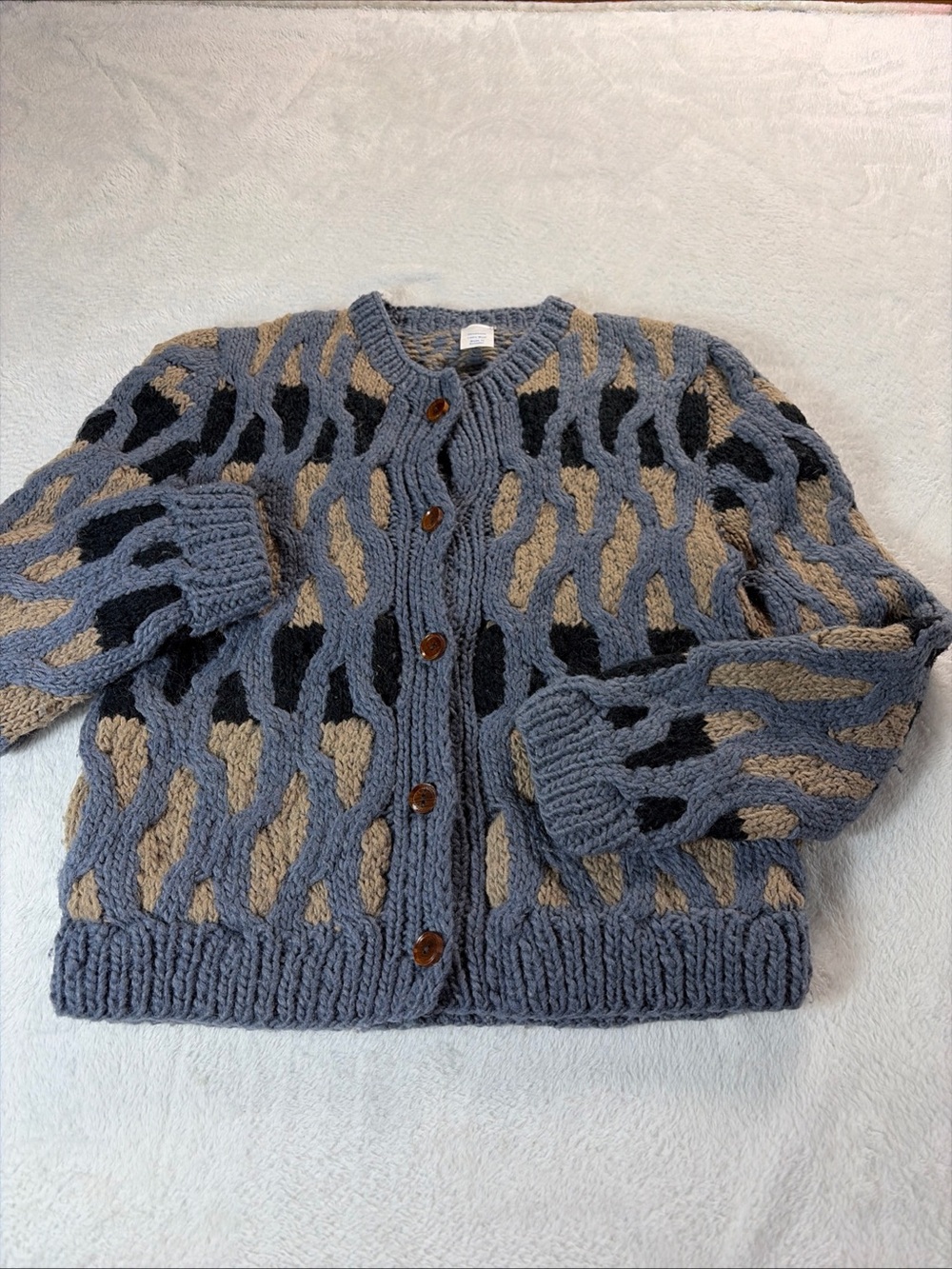 Vtg Ecuador Hand Knit Blue, Black, And Tan Heavy Wool Cardigan Sweater Size XS/S